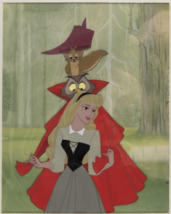 Sleeping Beauty - Art - painted cel, Briar Rose in the forest with Owl and Squirrel, Prince Charmings Cape and hat